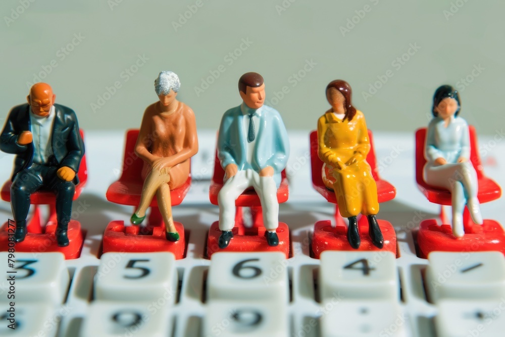 Poster miniature figurines sitting on top of a computer keyboard, suitable for technology or office concept