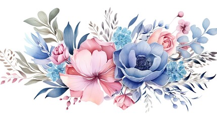 A sophisticated arrangement of watercolor flowers in soft blue and pink tones, perfect for elegant designs