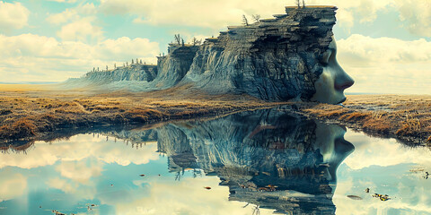 Surreal landscape with human face formation - obrazy, fototapety, plakaty