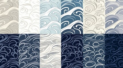 Set of stylish wave patterns in different shades, exhibiting a modern yet timeless aesthetic with a calming effect