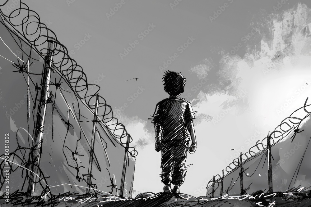 Poster A person standing near a fence with barbed wire, suitable for security concepts