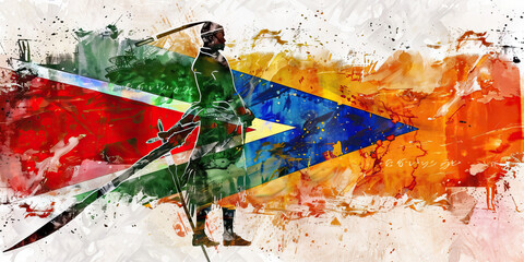 South African Flag with a Zulu Warrior and a Winemaker - Visualize the South African flag with a Zulu warrior representing South Africa's Zulu heritage and a winemaker - obrazy, fototapety, plakaty