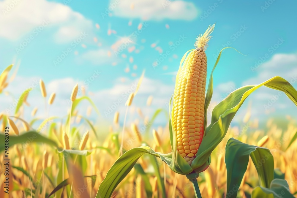 Poster a single corn cob standing in a vast field. suitable for agricultural concepts