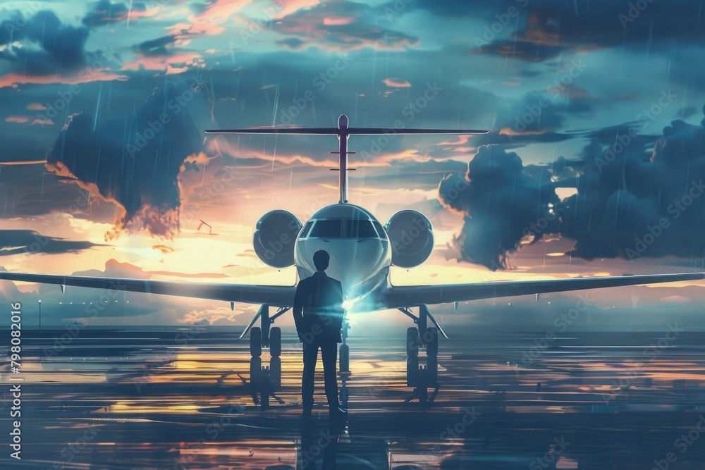 Poster A person standing in front of an airplane on a runway. Suitable for travel and transportation concepts