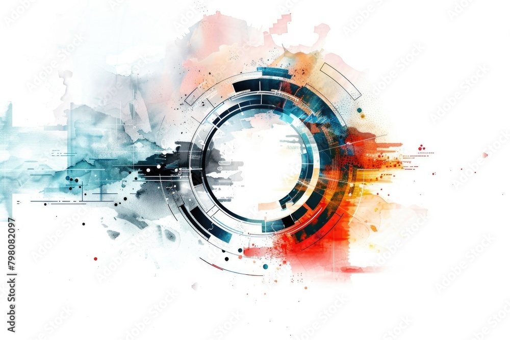 Poster Circular object with vibrant paint splatters, perfect for artistic projects