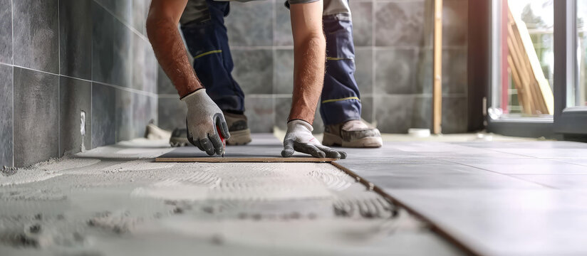 A uniformed construction worker laying ceramic tiles on a wall. Tiler, repair in the apartment, private master.