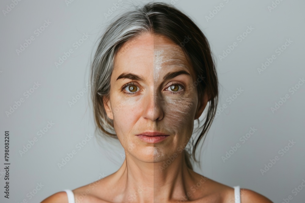 Poster realistic depiction of aging support and dual age portrait modern face features and proactive aging 