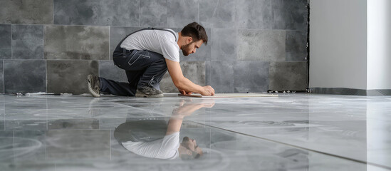 A uniformed construction worker laying ceramic tiles on a wall. Tiler, repair in the apartment, private master.