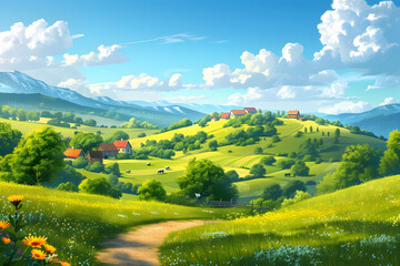 Obraz premium illustrative scene of a peaceful countryside 