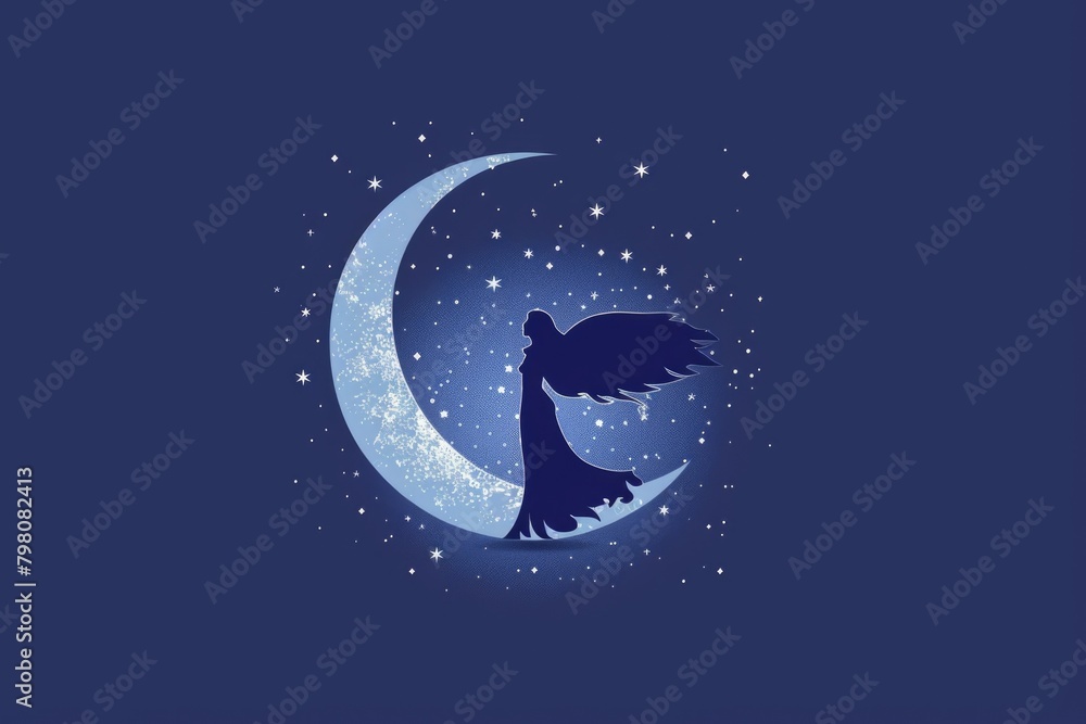 Poster a woman standing on a crescent with a star in the background. suitable for celestial or fantasy them