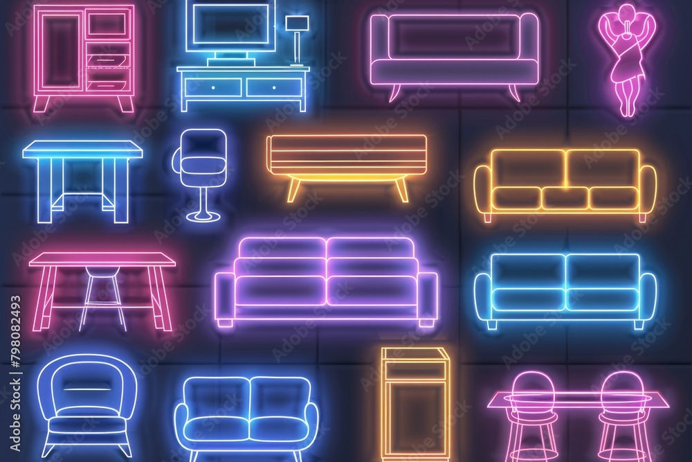 Aufkleber Colorful neon lights displayed on a wall. Perfect for adding a pop of color to any project