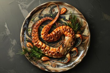 Octopus tentacles and carrots served on a plate, suitable for seafood or healthy eating concept