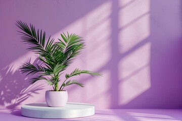 A plant in a white pot on a white stand against a purple wall with a shadow of a window a still