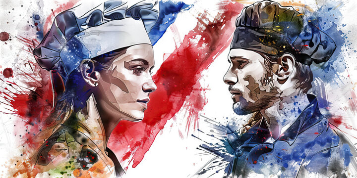 French Flag with a Chef and a Fashion Designer - Visualize the French flag with a chef representing France's culinary excellence and a fashion designer