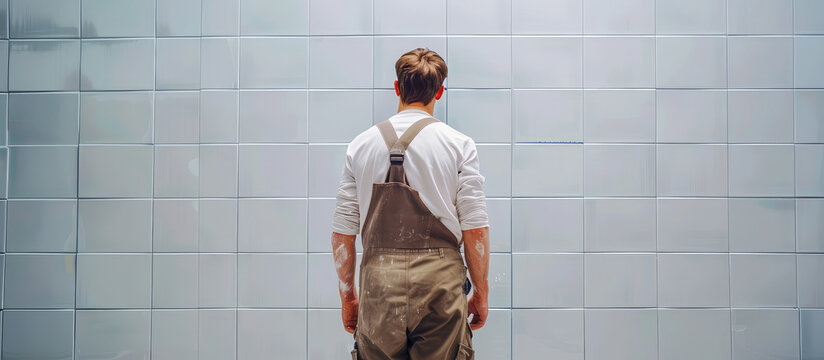 A uniformed construction worker laying ceramic tiles on a wall. Tiler, repair in the apartment, private master.