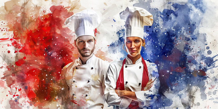 French Flag with a Chef and a Fashion Designer - Visualize the French flag with a chef representing France's culinary excellence and a fashion designer