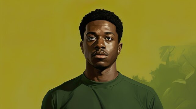 Illustrated man with a solemn expression posing against a plain yellow background