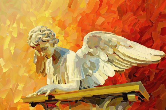 A beautiful painting of an angel sitting on a bench. Ideal for religious and spiritual themes