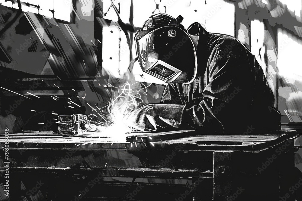 Poster a man in a welding mask working on a piece of metal. ideal for industrial and construction concepts