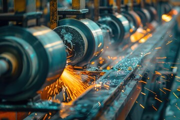 A man grinding metal with sparks flying in a factory setting. Ideal for industrial and manufacturing concepts - obrazy, fototapety, plakaty