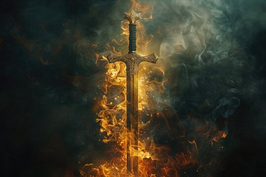 A dramatic image of a sword engulfed in flames. Ideal for fantasy or battle-themed designs