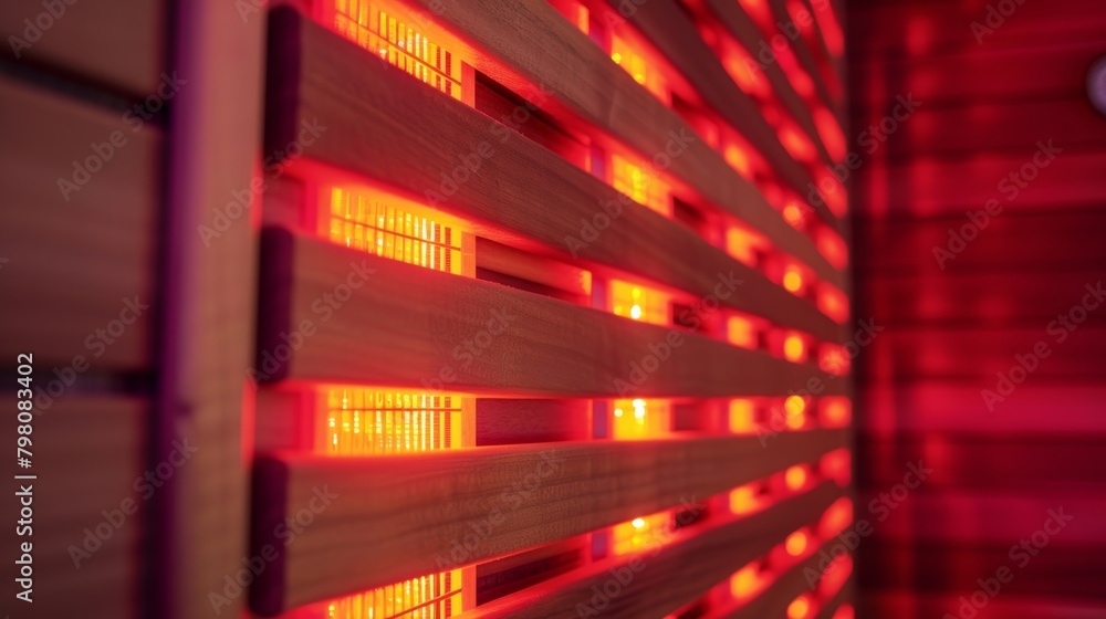 Poster a closeup of a sauna panel demonstrating the red glow of the infrared light and its ability to trate