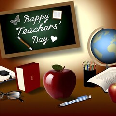 A poster of teacher day is displayed on a wall with a chalkboard that says happy teachers day.
