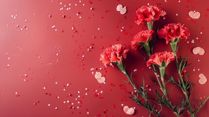 Mother's Day fashionable layout: Overhead shot of fresh carnations, sentimental message, tiny hearts, and confetti on a delicate red surface, with blank space for words or adverts	