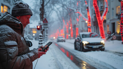 Man using smartphone by the roadside on a snowy day with red holiday lights on trees and a car approaching.