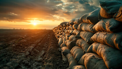 Through photography, the enduring legacies of World War One are depicted, with trenches and sandbags symbolizing soldiers' courage and suffering. - obrazy, fototapety, plakaty