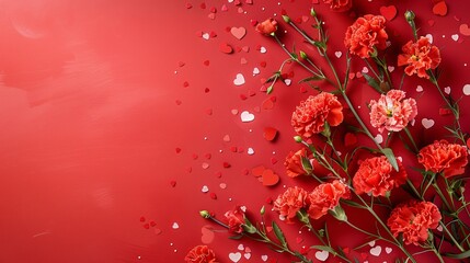 Mother's Day fashionable layout: Overhead shot of fresh carnations, sentimental message, tiny hearts, and confetti on a delicate red surface, with blank space for words or adverts	