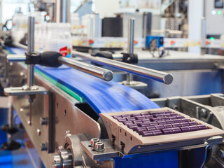 A conveyor belt is filled with purple pills. The pills are purple and are being made in a factory