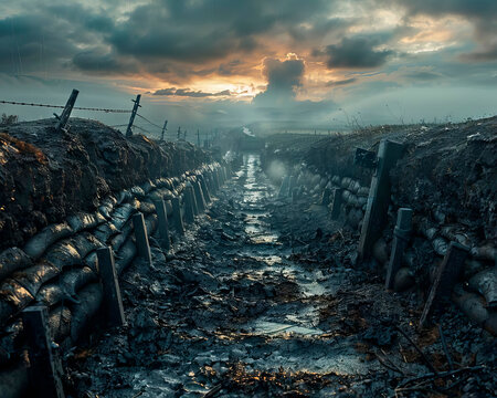 The solemn beauty of war trenches and sandbags, history etched in the earth, war echoes lingering.