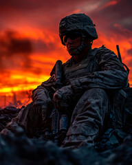 A soldier sits alone, awaiting assistance in the midst of the setting sun.