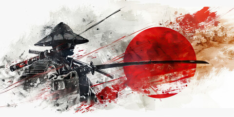 Japanese Flag with a Samurai and a Tea Ceremony Master - Picture the Japanese flag with a samurai representing Japan's warrior tradition and a tea ceremony master