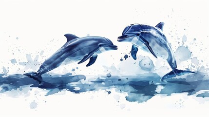 Playful dolphins leap from the ocean, their joyful antics rendered in a cute, minimal watercolor style illustration isolated on white background