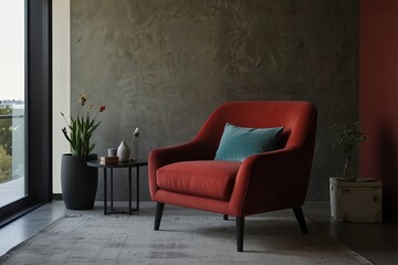 .dark red snuggle chair creating a focal point of a modern style living room , stucco wall adds texture and visual interest to the space, the room fostering a relaxed yet fresh and modern atmosphere