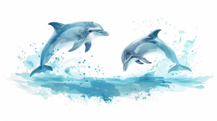 Fototapeta premium Playful dolphins leap from the ocean, their joyful antics rendered in a cute, minimal watercolor style illustration isolated on white background