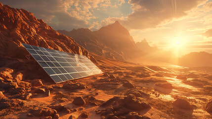 Majestic Desert Solar Panel at Sunset: Sustainable Energy Landscape