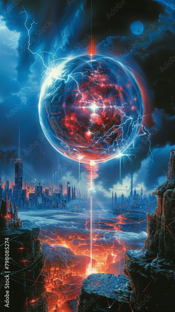 Poster futuristic city with a glowing red sphere encapsulated in a force field, surrounded by lightning, ov