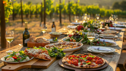 Rustic Italian feast, long wooden table laden with dishes like lasagna, caprese salad, and wood-fired pizza, set in a vineyard during golden hour, embodying the heart of Italian dining