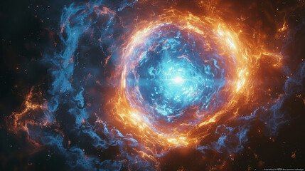 A bright, swirling cosmic object, likely a nebula or galaxy, with intense blue and orange hues against the darkness of space.