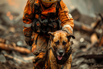 handler and search dog bond, displaying trust and dedication amidst rubble.