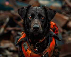 search and rescue dog's eyes reflect determination, vest symbolizes readiness amidst ruins' chaos.