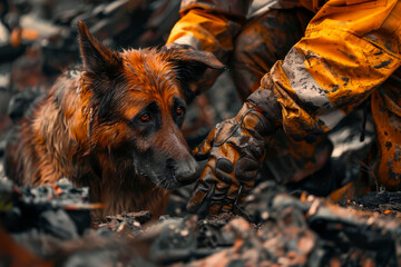 bond between handler and search dog, showcasing trust and dedication in rubble navigation.