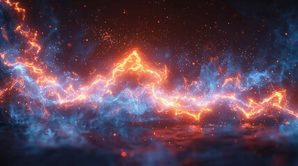 Digital artwork of electric blue and fiery orange energy converging to form a mountain-like peak against a dark, starry background.