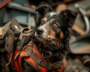 search and rescue dog's determined eyes, vest symbolizing readiness amid ruins' chaos