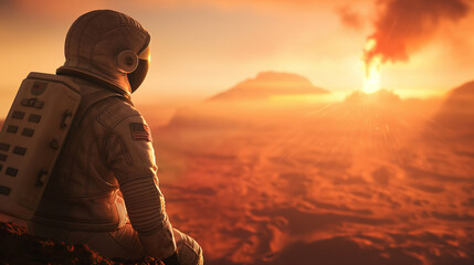 Lone Astronaut Contemplating a Martian Sunset and Erupting Volcano