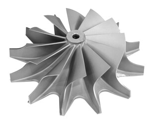 Part of a metal turbine printed on a 3D printer, new additive technologies concept on whire