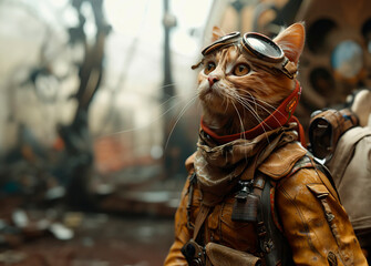 A cat, equipped for rescue missions, wears attire reflecting dedication to duty.
